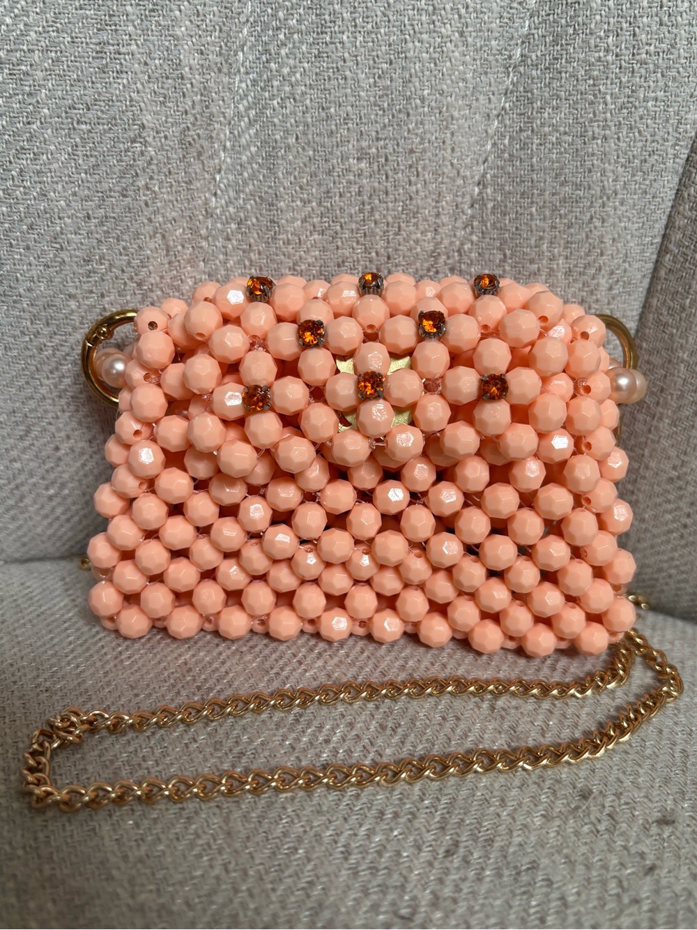 Custom Pastel Orange Acrylic and Rhinestone Beaded Handbag